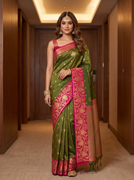 MIMOSA Olive Saree Saree — front view on mannequin