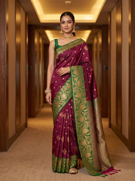 MIMOSA Wine Saree Saree — front view on mannequin