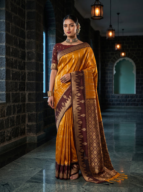 MIMOSA Mustard Kanjivaram Art Silk Saree — AI model lifestyle pose 1