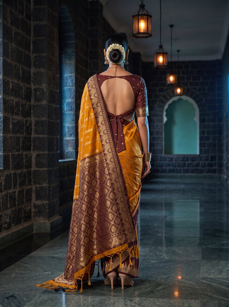MIMOSA Mustard Kanjivaram Art Silk Saree — Saree shot pallu and body