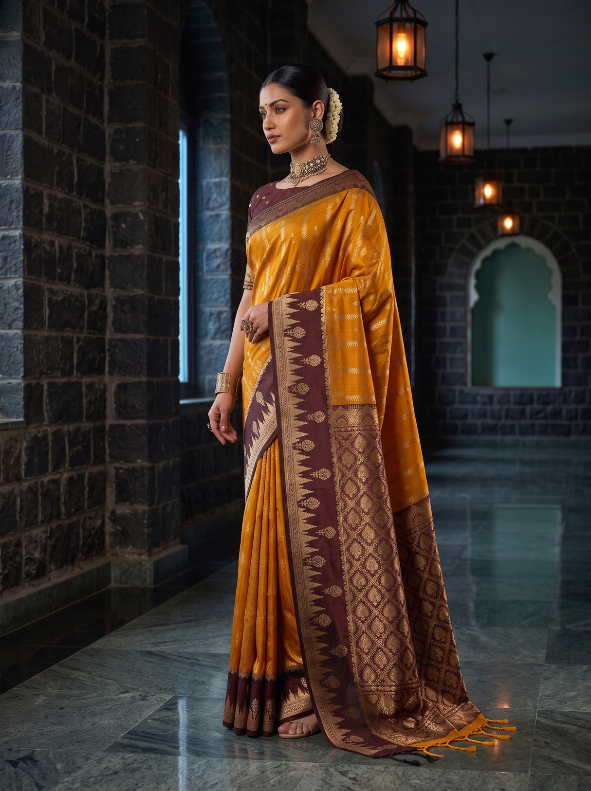 MIMOSA Mustard Kanjivaram Art Silk Saree — pose 3 styling detail