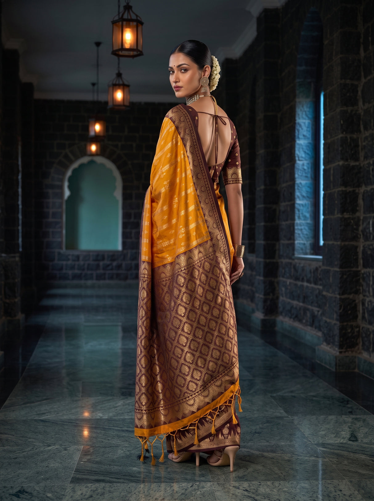 MIMOSA Mustard Kanjivaram Art Silk Saree — pose 7 styling detail