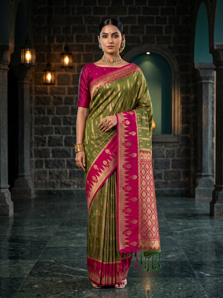 MIMOSA Olive Kanjivaram Art Silk Saree — AI model lifestyle pose 1