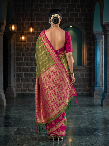 MIMOSA Olive Kanjivaram Art Silk Saree — Saree shot pallu and body