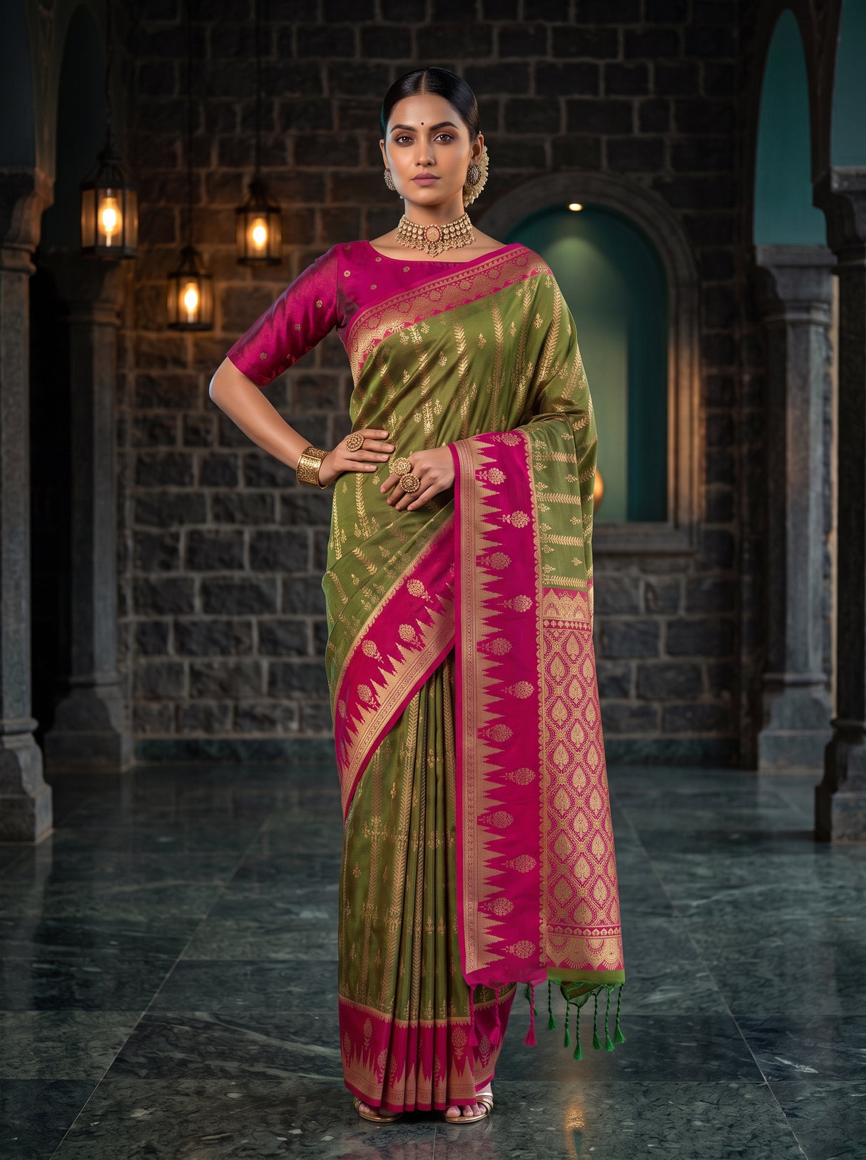 MIMOSA Olive Kanjivaram Art Silk Saree — pose 4 styling detail