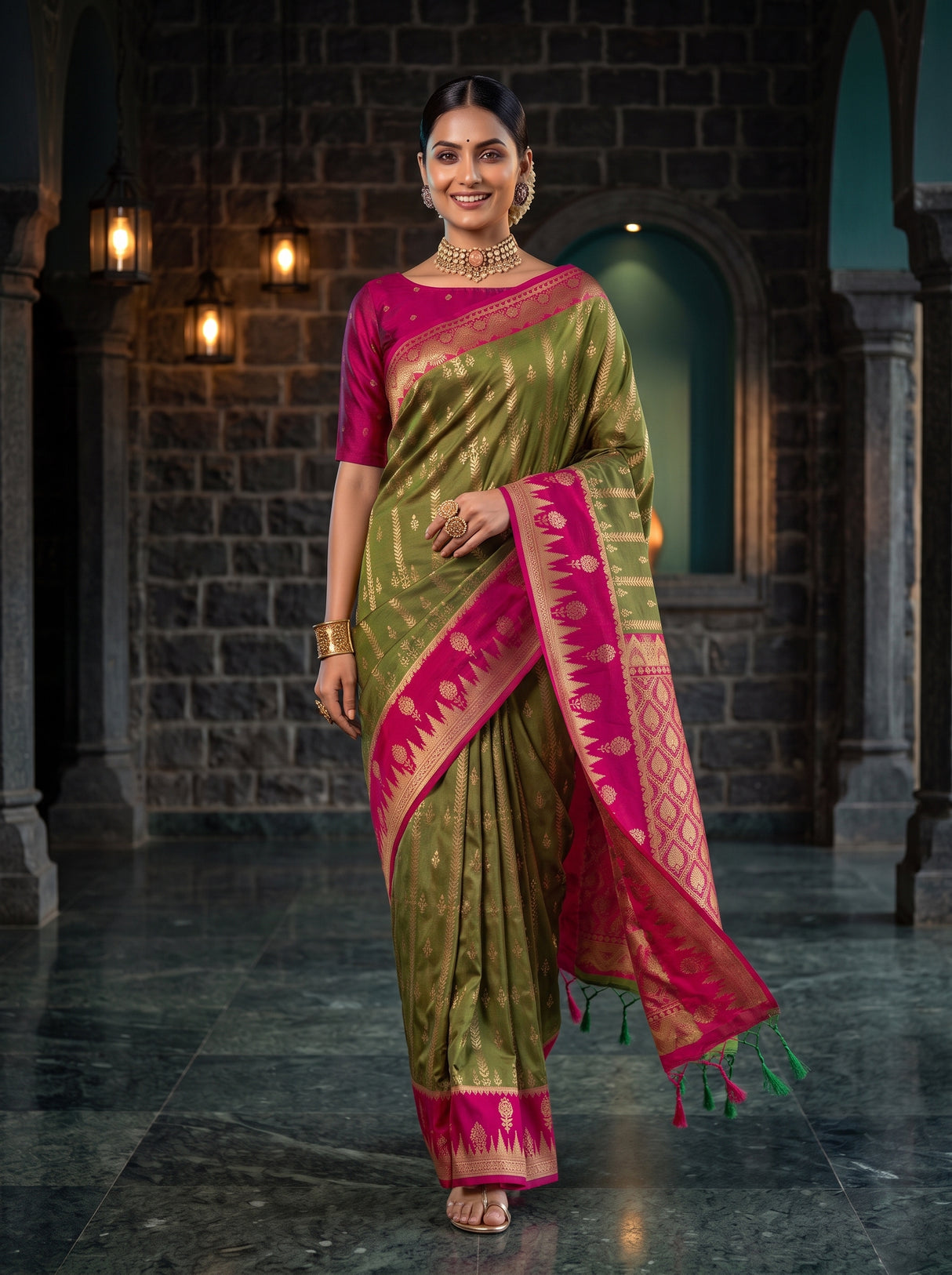 MIMOSA Olive Kanjivaram Art Silk Saree — pose 6 styling detail