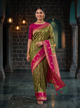 MIMOSA Olive Kanjivaram Art Silk Saree — pose 6 styling detail