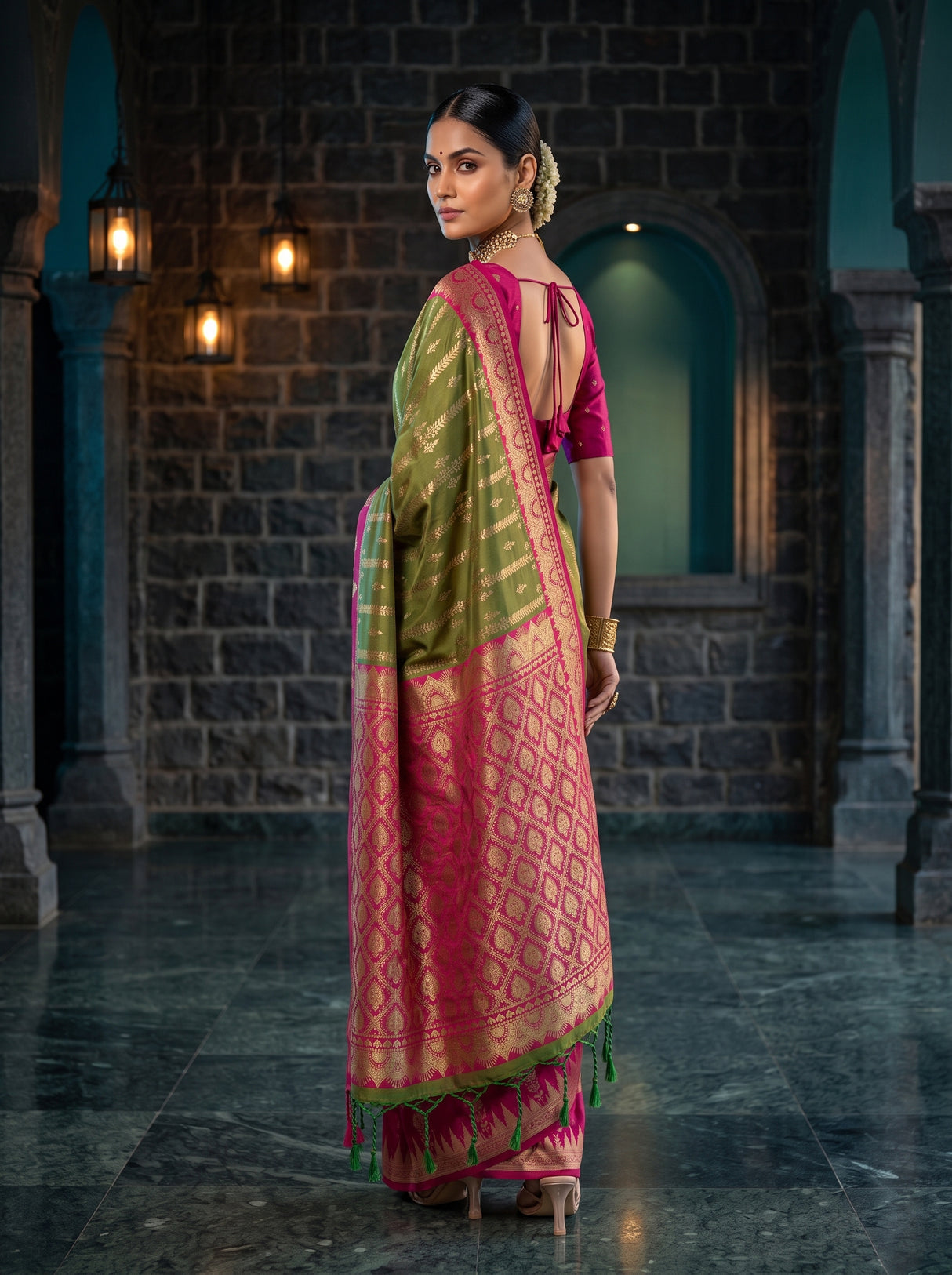MIMOSA Olive Kanjivaram Art Silk Saree — pose 7 styling detail