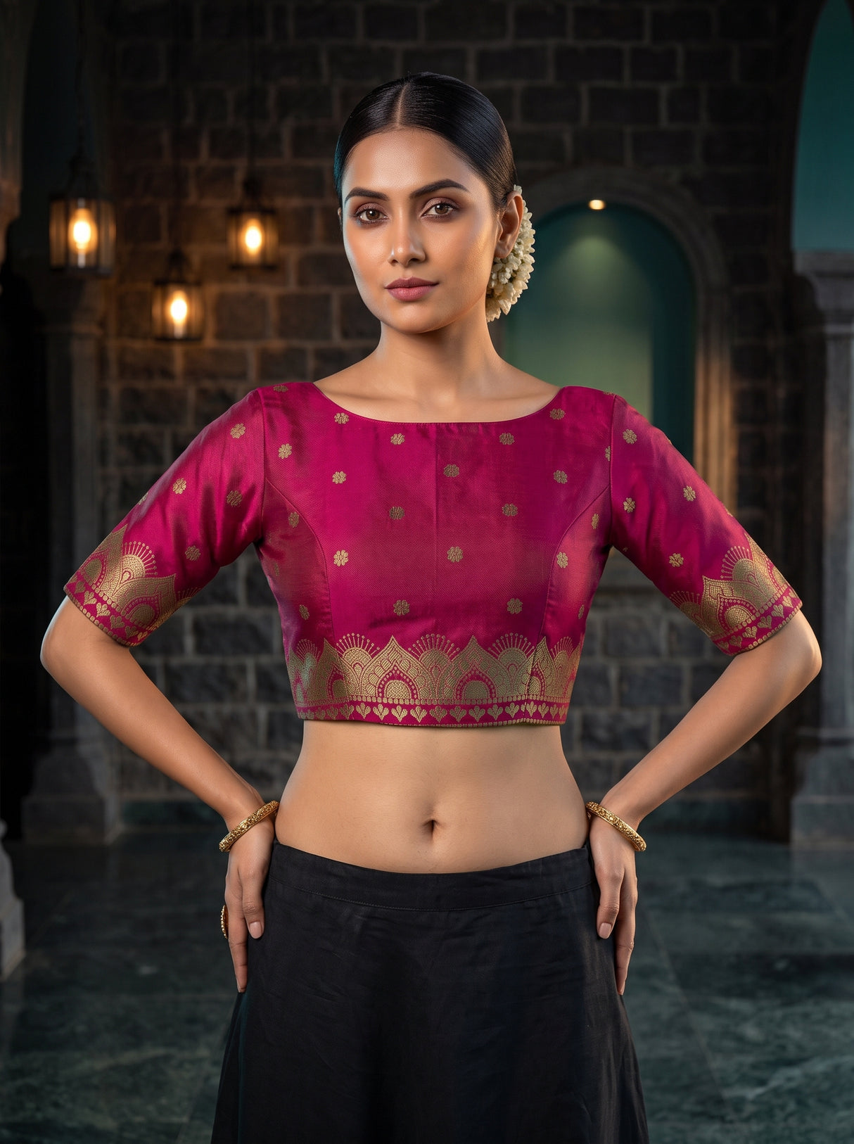 MIMOSA Olive Kanjivaram Art Silk Saree — blouse close-up