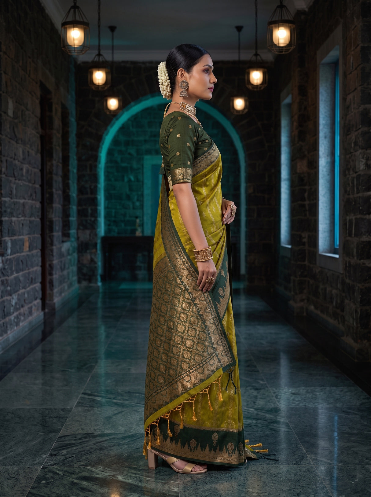 MIMOSA Pista Kanjivaram Art Silk Saree — pose 3 styling detail