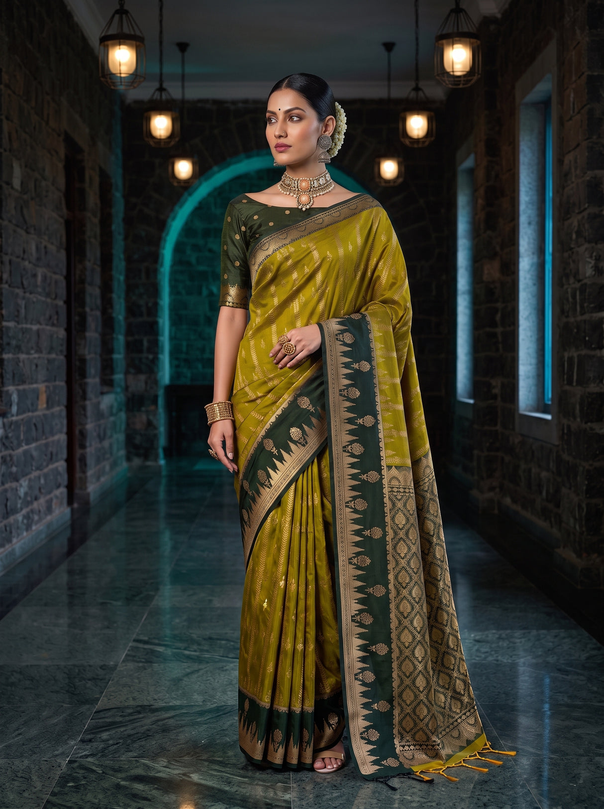 MIMOSA Pista Kanjivaram Art Silk Saree — pose 5 styling detail