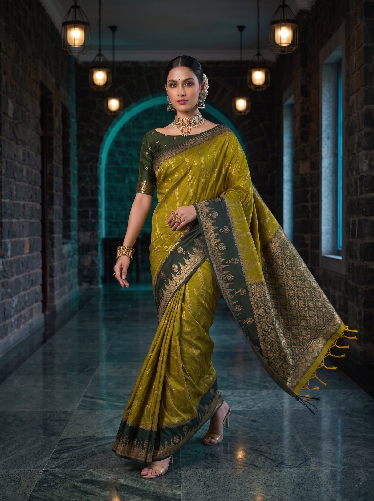 MIMOSA Pista Kanjivaram Art Silk Saree — pose 6 styling detail