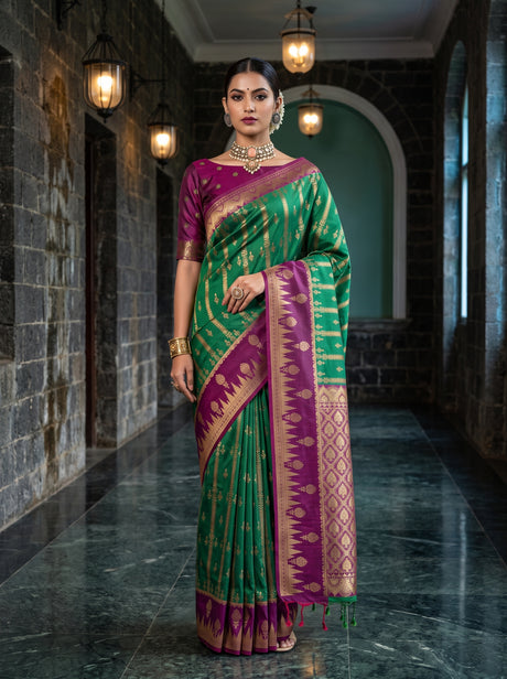MIMOSA Rama Kanjivaram Art Silk Saree — AI model lifestyle pose 1