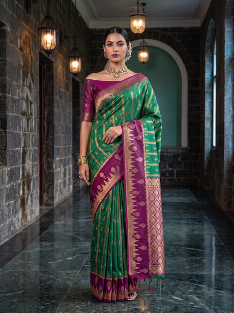 MIMOSA Rama Kanjivaram Art Silk Saree — Saree shot pallu and body