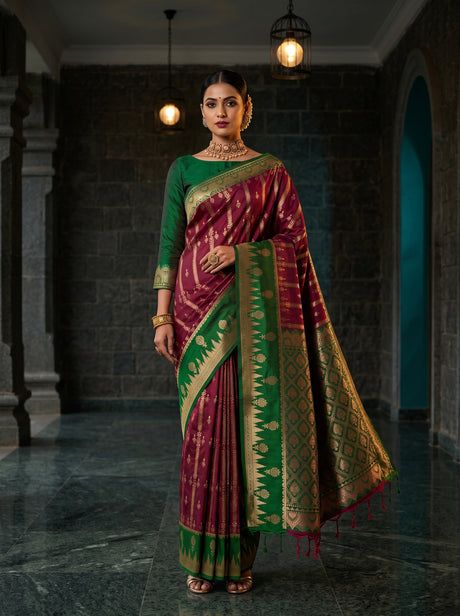 MIMOSA Wine Kanjivaram Art Silk Saree — AI model lifestyle pose 1