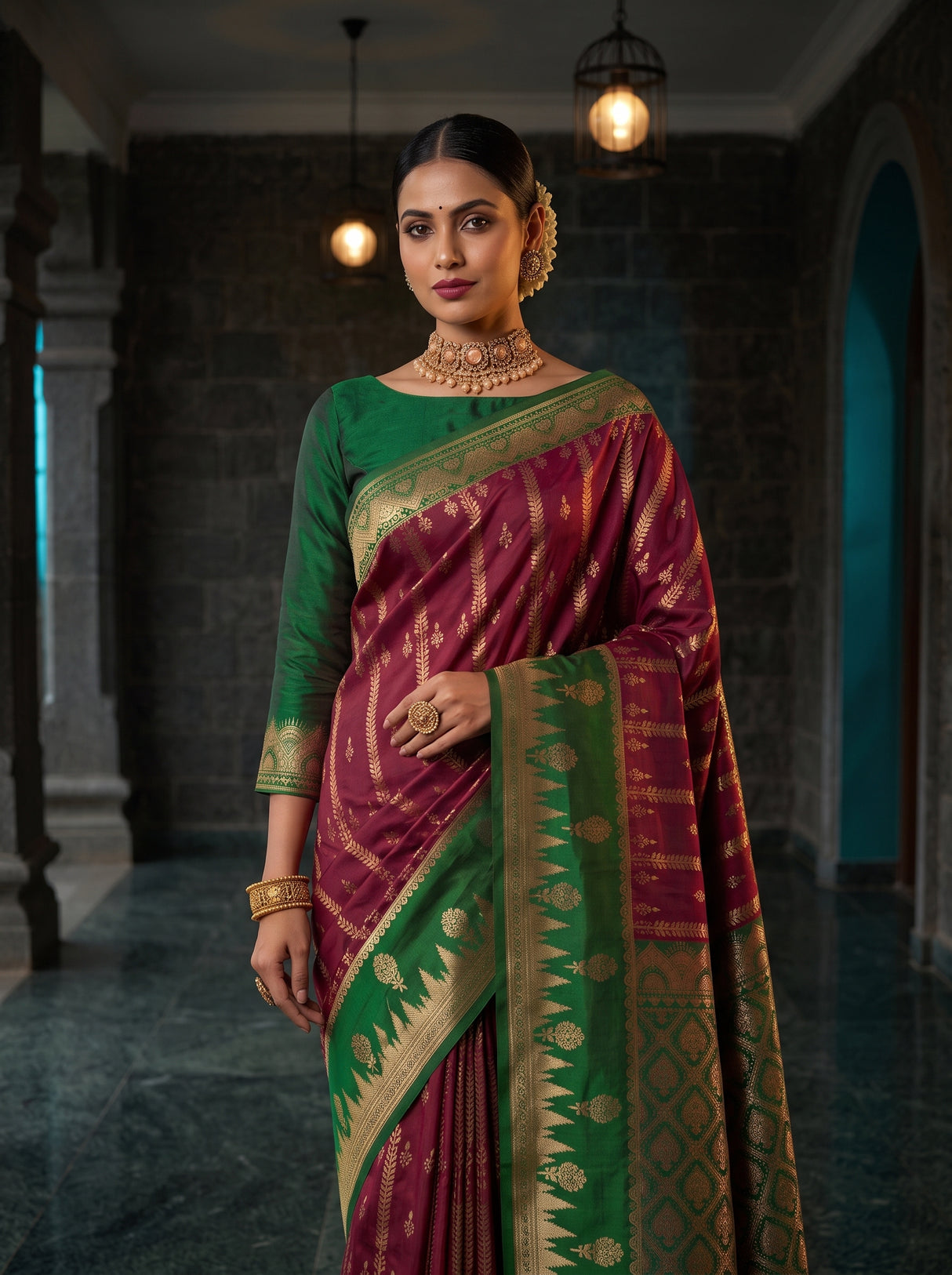MIMOSA Wine Kanjivaram Art Silk Saree — pose 10 styling detail