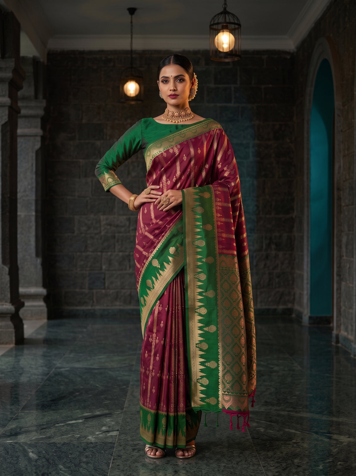 MIMOSA Wine Kanjivaram Art Silk Saree — pose 4 styling detail