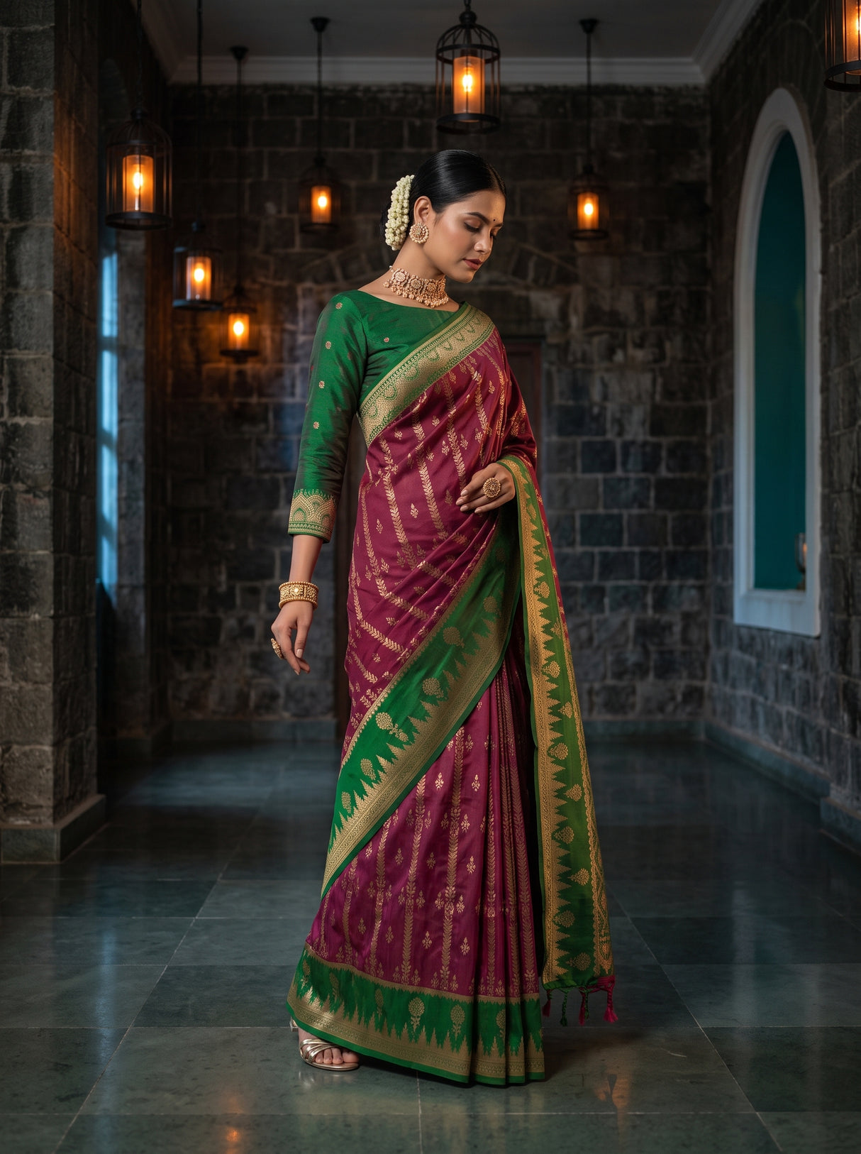 MIMOSA Wine Kanjivaram Art Silk Saree — pose 9 styling detail