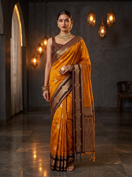 MIMOSA Mustard Kanjivaram Art Silk Saree — Model lifestyle pose