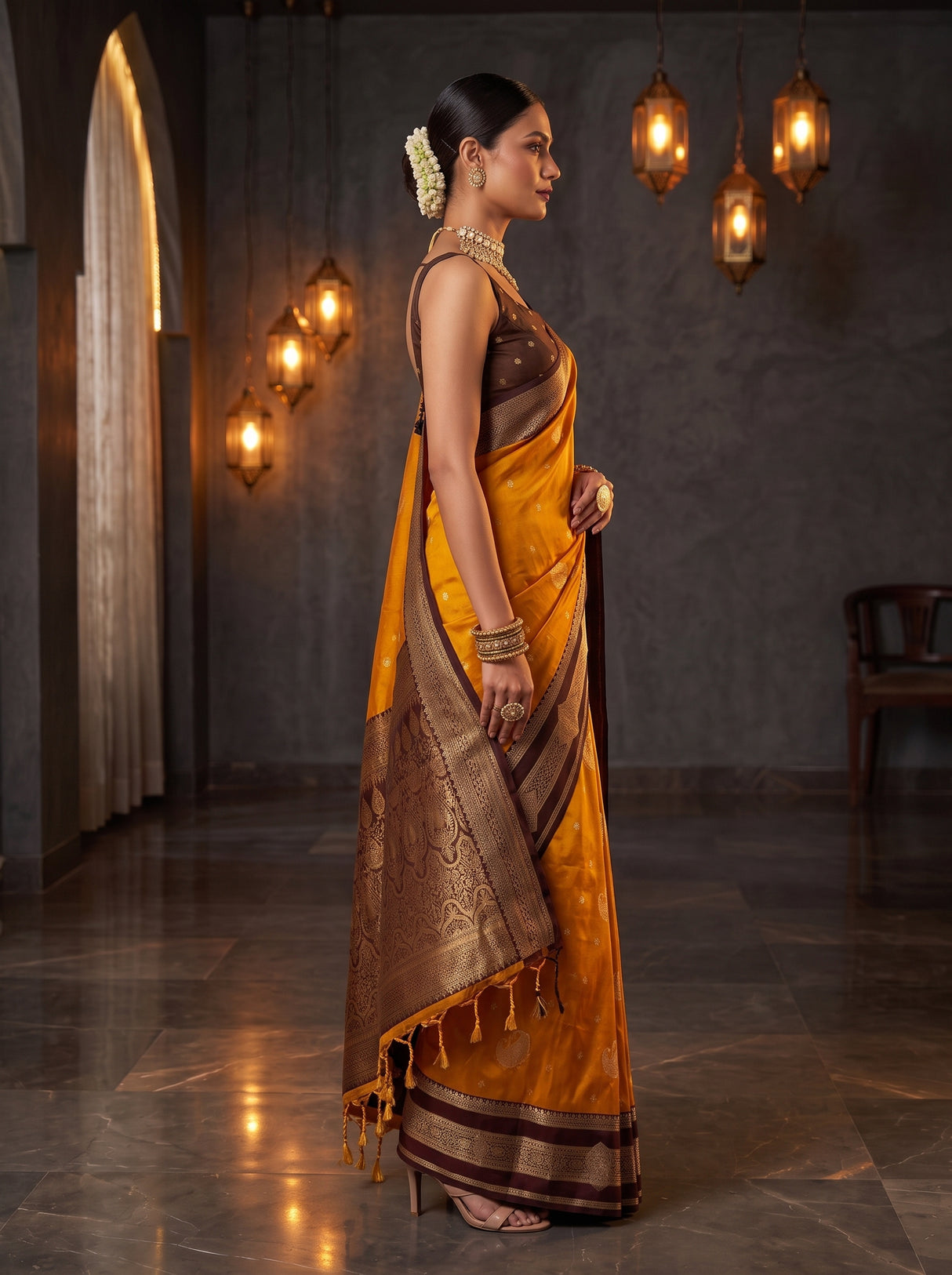 MIMOSA Mustard Kanjivaram Art Silk Saree — pose 3 styling detail