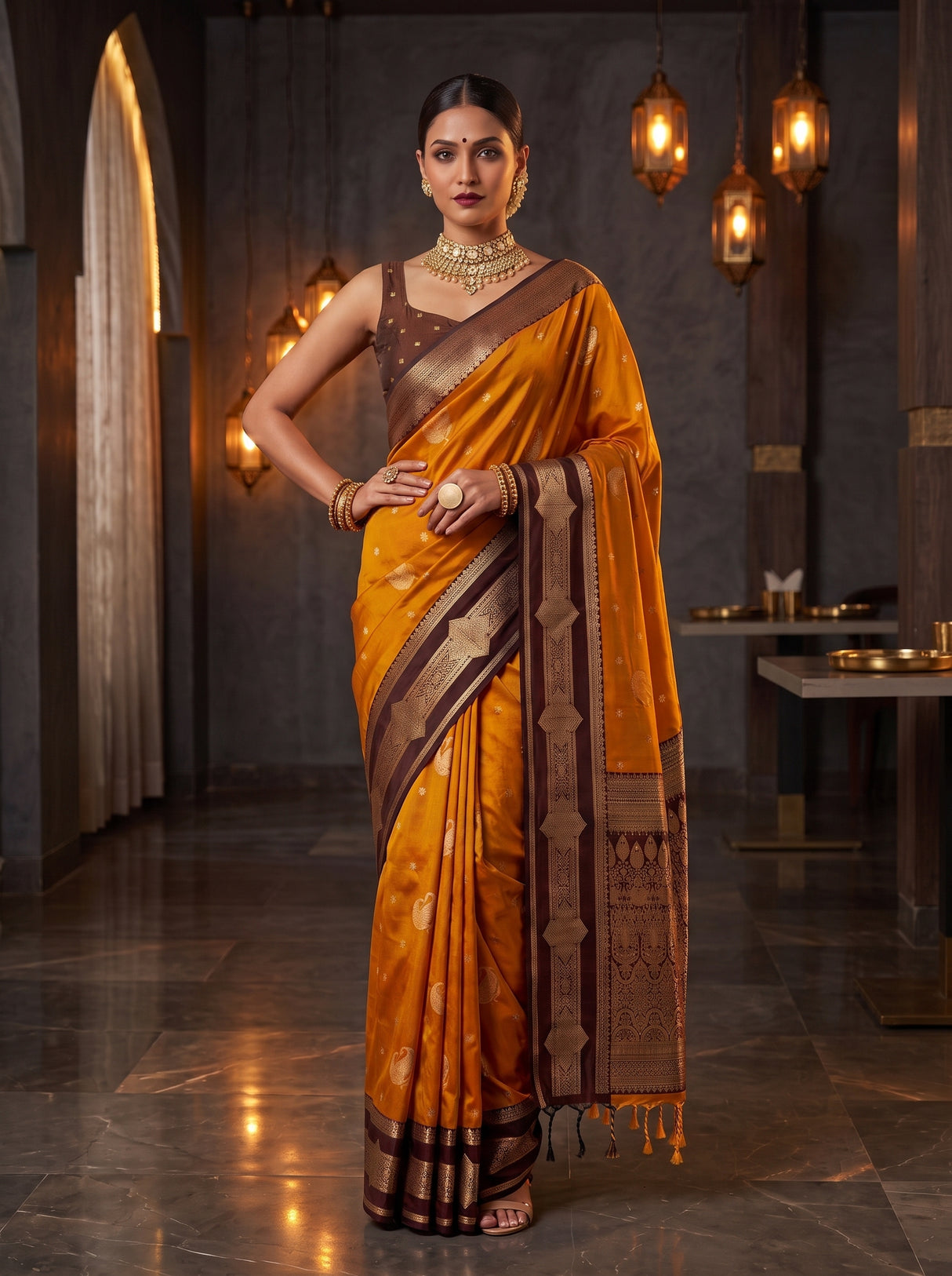 MIMOSA Mustard Kanjivaram Art Silk Saree — pose 4 styling detail