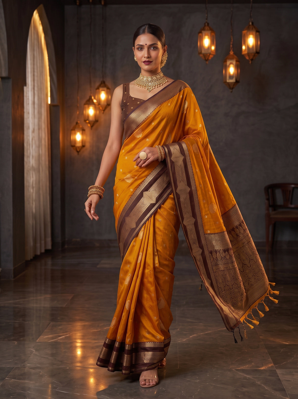 MIMOSA Mustard Kanjivaram Art Silk Saree — pose 6 styling detail