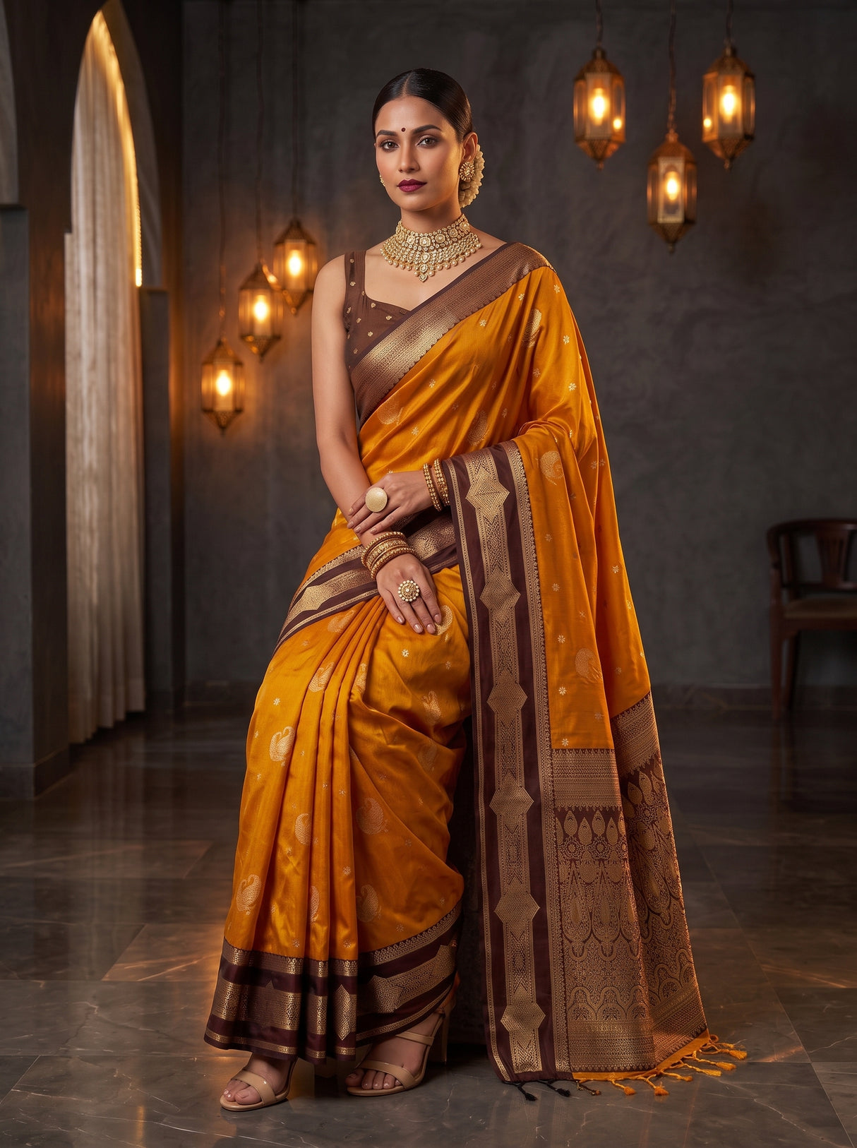 MIMOSA Mustard Kanjivaram Art Silk Saree — pose 8 styling detail