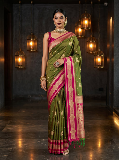MIMOSA Olive Kanjivaram Art Silk Saree — Model lifestyle pose
