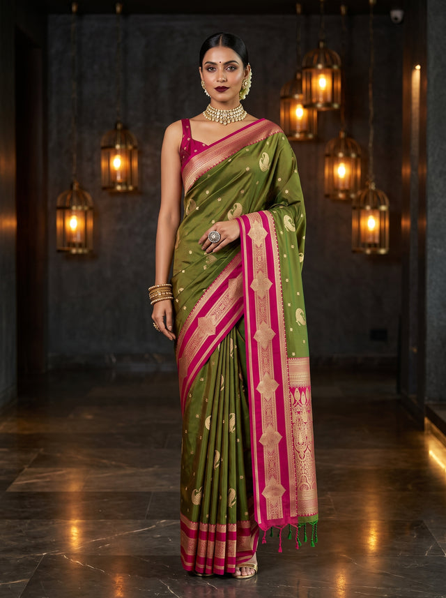 MIMOSA Olive Kanjivaram Art Silk Saree — Model lifestyle pose