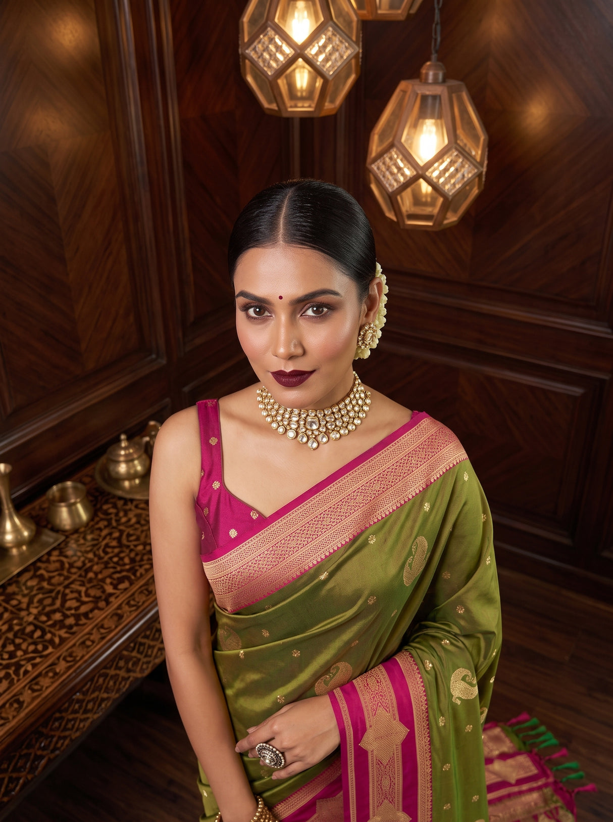 MIMOSA Olive Kanjivaram Art Silk Saree — pose 10 styling detail