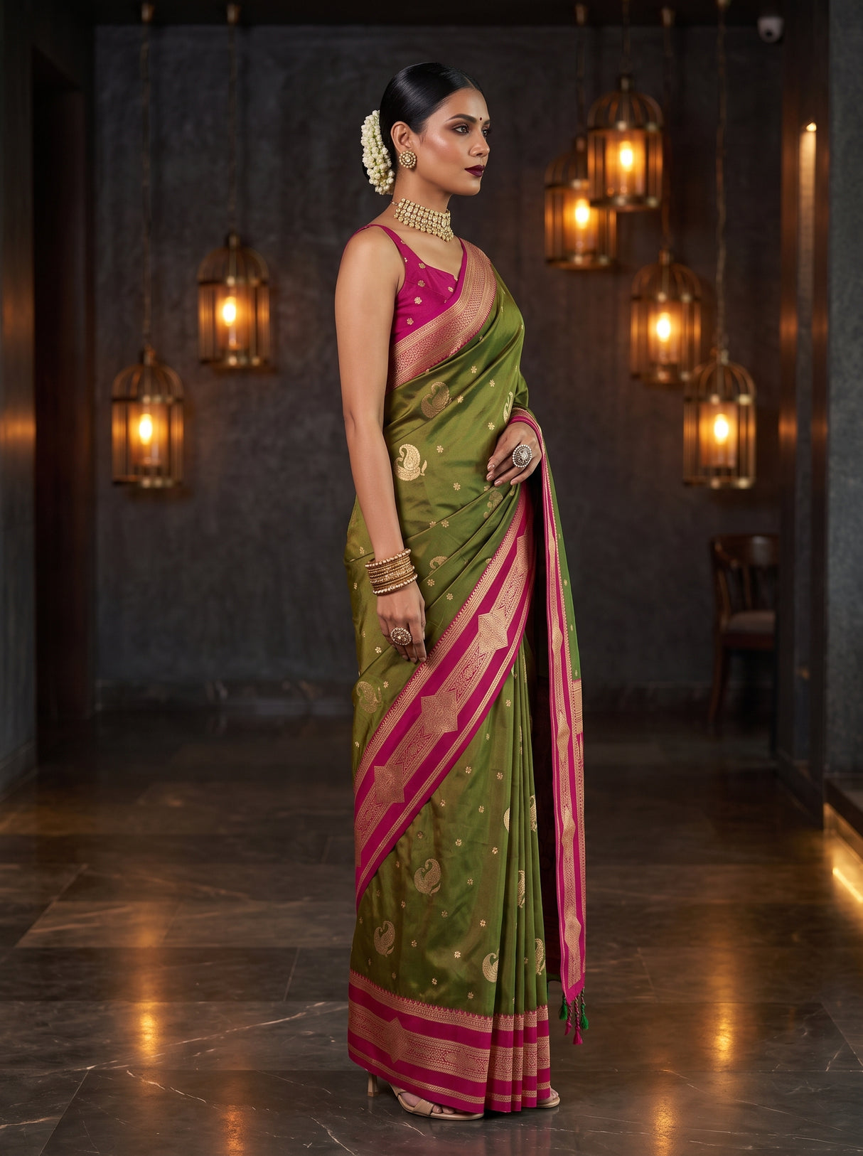 MIMOSA Olive Kanjivaram Art Silk Saree — pose 3 styling detail
