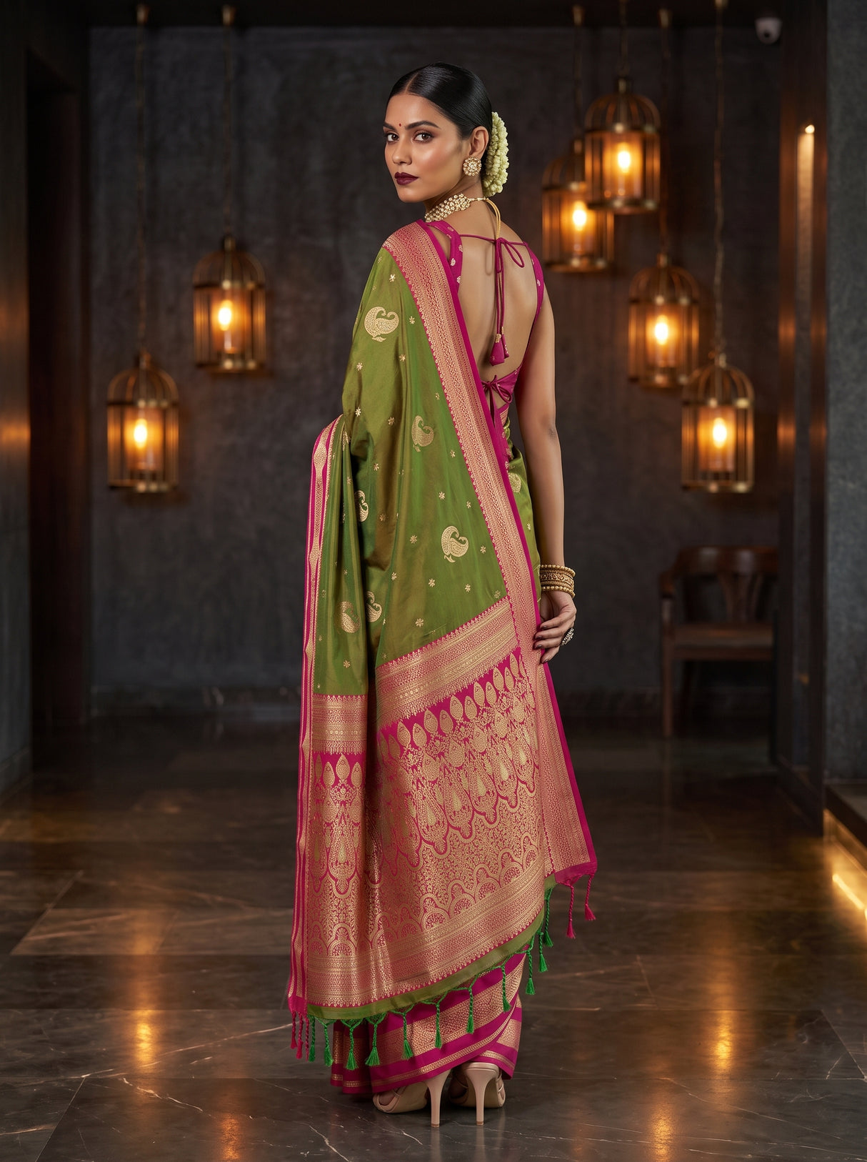 MIMOSA Olive Kanjivaram Art Silk Saree — pose 7 styling detail