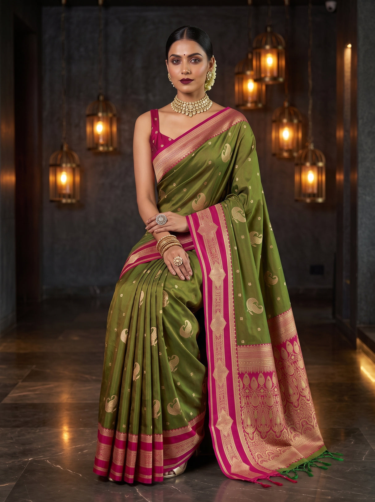 MIMOSA Olive Kanjivaram Art Silk Saree — pose 8 styling detail