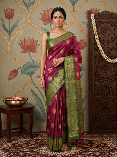 MIMOSA Wine Saree Saree — front view on mannequin