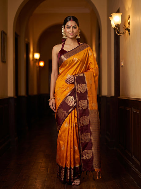 MIMOSA Mustard Saree Saree — front view on mannequin