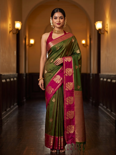 MIMOSA Olive Saree Saree — front view on mannequin