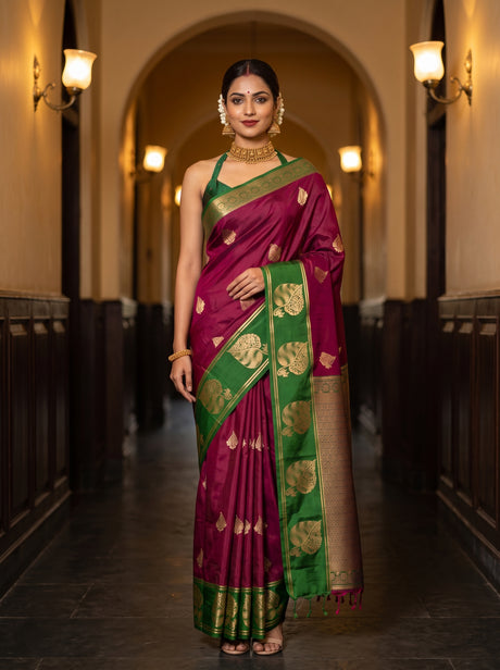 MIMOSA Wine Saree Saree — front view on mannequin