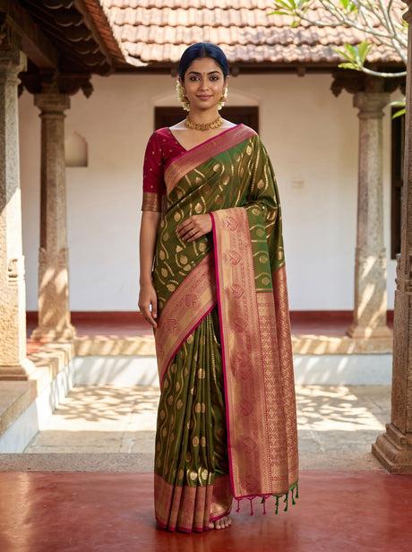MIMOSA Olive Saree Saree — front view on mannequin