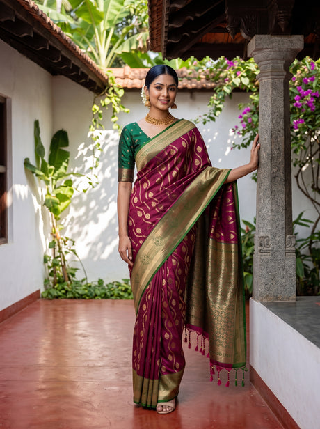 MIMOSA Wine Saree Saree — front view on mannequin
