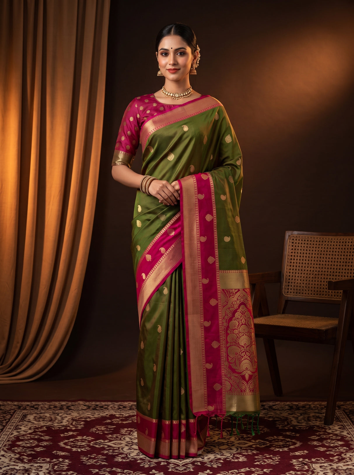 MIMOSA Olive Saree Saree — front view on mannequin