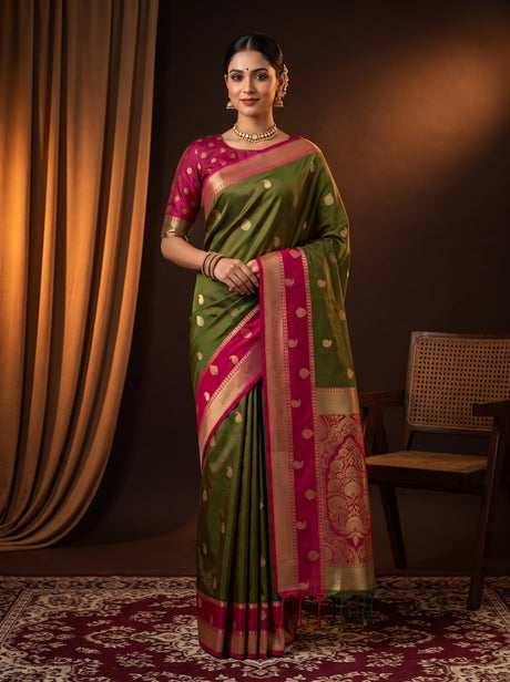 MIMOSA Olive Saree Saree — front view on mannequin