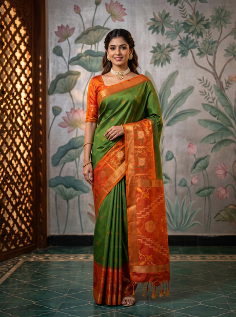 MIMOSA Green Saree Saree — front view on mannequin