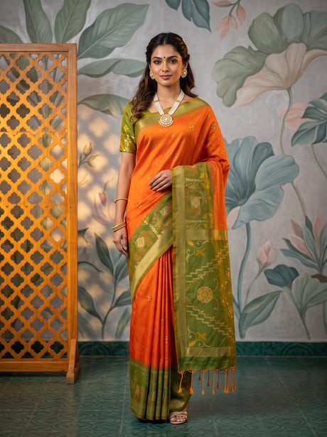 MIMOSA Orange Saree Saree — front view on mannequin