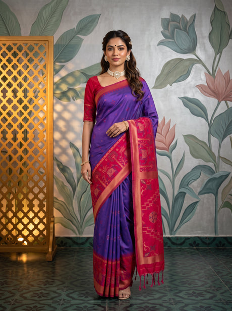 MIMOSA Purple Saree Saree — front view on mannequin