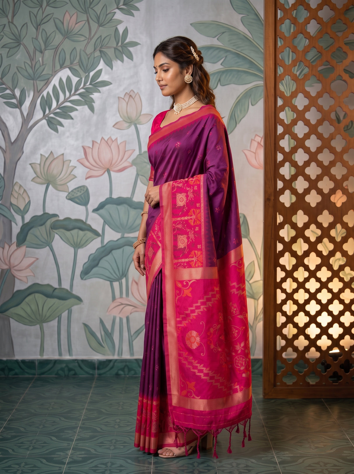MIMOSA Wine Saree Saree — pose 3 styling detail