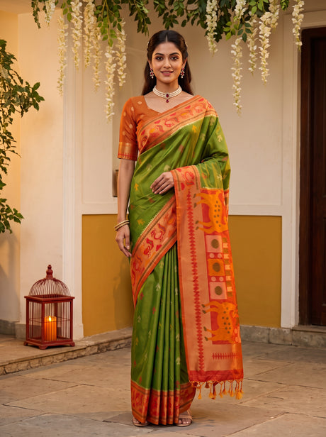 MIMOSA Green Saree Saree — front view on mannequin