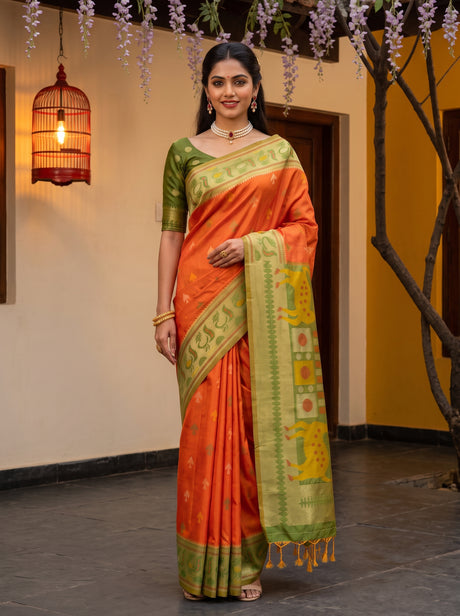 MIMOSA Orange Saree Saree — front view on mannequin