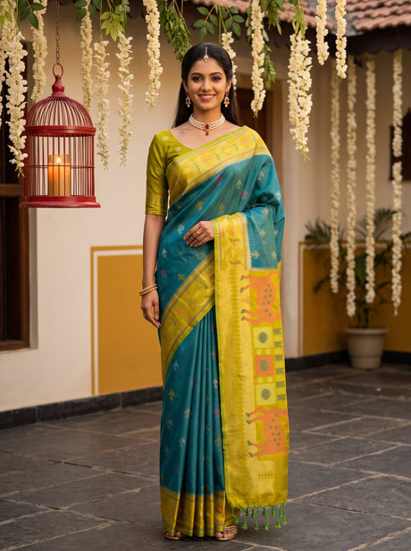 MIMOSA Sapphire Saree Saree — front view on mannequin