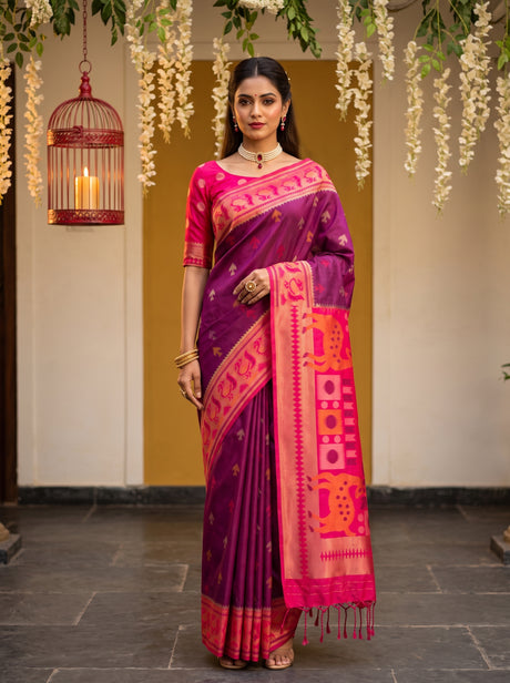 MIMOSA Wine Saree Saree — front view on mannequin