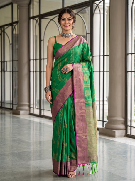 MIMOSA Green Kanjivaram Art Silk Saree — Model Lifestyle Pose